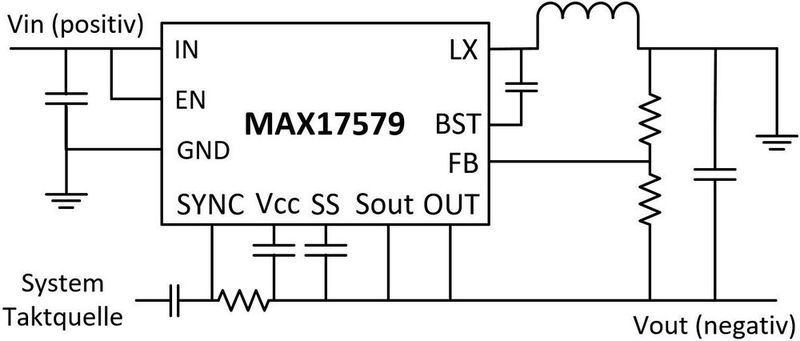 Bild 3: Der MAX17579 ist als invertierender Buck-Boost-Regler konzipiert und hat Level Shifting bereits integriert. 