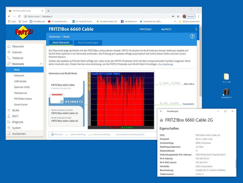 Abbildung 19: Download vom NAS-Speicher über die AVM FRITZ!Box 6660 Cable auf den 11ax-Dell-Tower im 2,4 GHz-Band: Spitzen bis 363 Mbps. Durchschnitt um die 290 Mbps. (Bild: Harald Karcher)