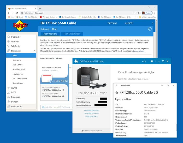 Abbildung 21: Auch im 5-GHz-Band hat der 11ax-Dell-Tower seine Wi-Fi-6-Verbindung zur AVM FRITZ!Box 6660 Cable spontan mit dem jüngsten Sicherheitslevel WPA3 verschlüsselt.  (Bild: Harald Karcher)