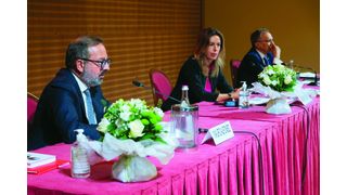 The president of Ucimu, Barbara Colombo, (middle) at the Annual Members’ Meeting, and Gregorio De Felice, Chief Economist of Intesa Sanpaolo (right) and  Mauro Alfonso, Managing Director of Simest (left) (Ucimu)