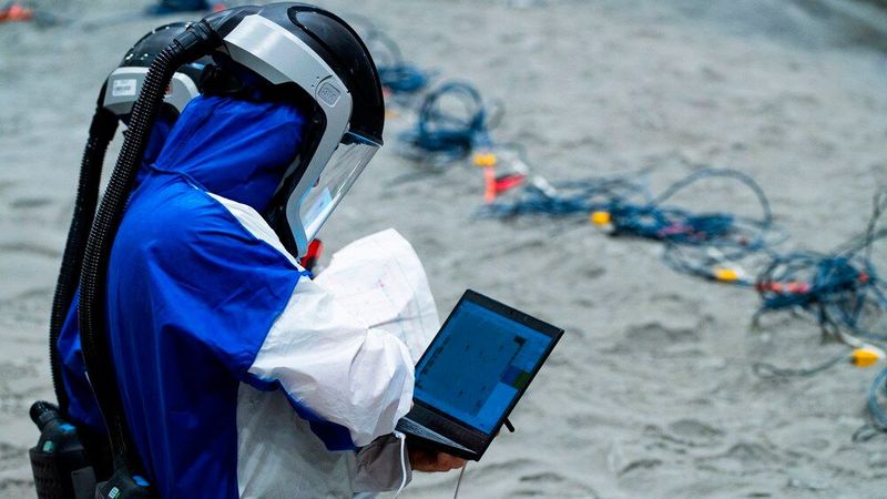 Complex measurements in the LUNA hall: a structure of cables on the surface and underground formed a network. Through tiny changes in the network, subsurface structures can be detected. Researchers tested measuring instruments and robots in the LUNA hall that can detect water ice on the Moon. (Image:DLR)