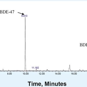 Abb. 2: Fötales bovines Serum versetzt mit den internen Standards FBDE-47 und BDE-156. Die Abbildung illustriert eine stabile Basislinie, was auf eine saubere Festphase auf dem Gerstel-Twister und ein sauberes Leerserum für die Kalibratoren hindeutet.