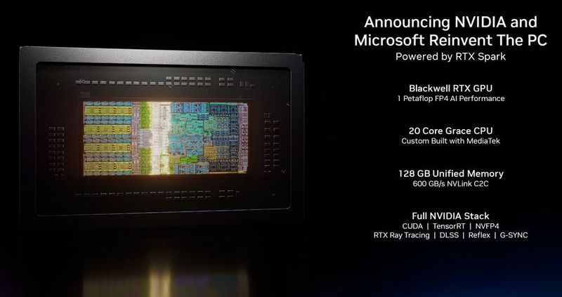Der RTX Spark Superchip vereint eine Blackwell-GPU mit 6.144 Cuda-Cores und Tensor-Cores der 5. Generation mit einer Grace-CPU, auf der 20 ARM-Cores sitzen. Die CPU hat Nvidia gemeinsam mit Mediatek entwickelt. (Bild: Nvidia)