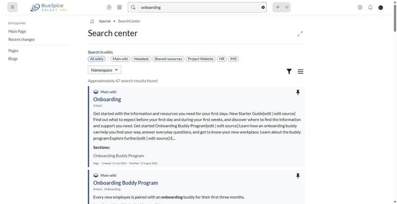 Die Suche nach „onboarding“ liefert in einem Vorgang rund 47 Treffer aus allen Sub-Wikis und nennt bei jedem Treffer das Wiki, aus dem er stammt. (Bild: Joos – Hallo Welt!)