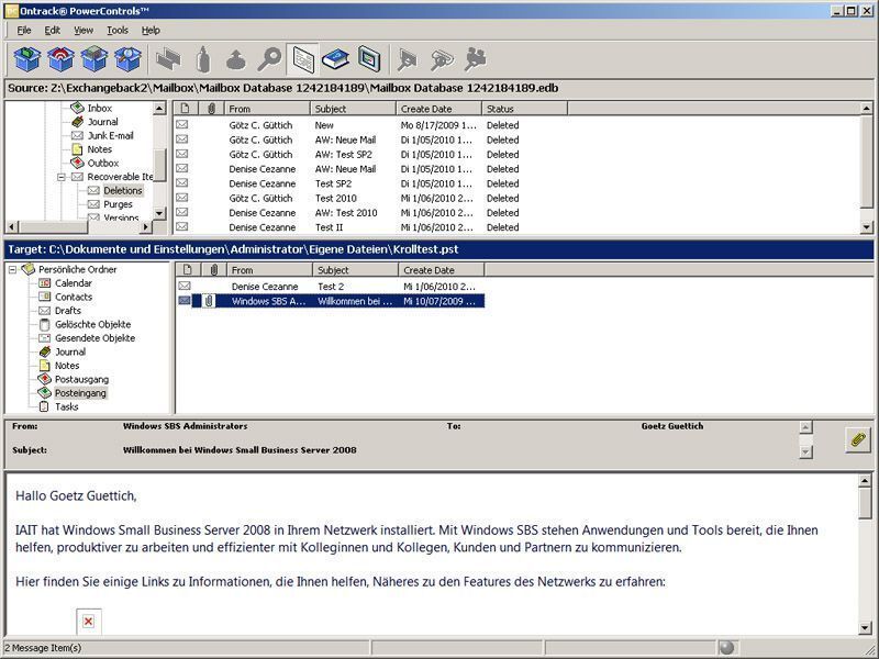 Mit den Ontrack PowerControls 6.0 für Exchange können Administratoren auch auf die „Wiederherstellbaren Elemente“ von Exchange 2010 zugreifen. (Archiv: Vogel Business Media)