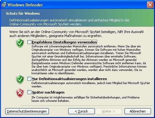 Bei der Installation von Windows Defender kann der Anwender entscheiden, ob er Spynet als Mitglied beitreten möchte, oder ob er den Dienst gar nicht nutzen will. (Archiv: Vogel Business Media)