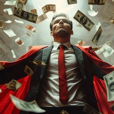 Der „Superheld mit Geld“ ist sicherlich nicht ausschließlich auf dem Verdiensttreppchen dieses Jahres zu finden. Die Mitarbeitenden in Banken, Versicherungen und der Energie können  dennoch durchschnittlich mit etwas mehr Lohn rechnen. (Bild: © visoot – stock.adobe.com / KI-generiert)