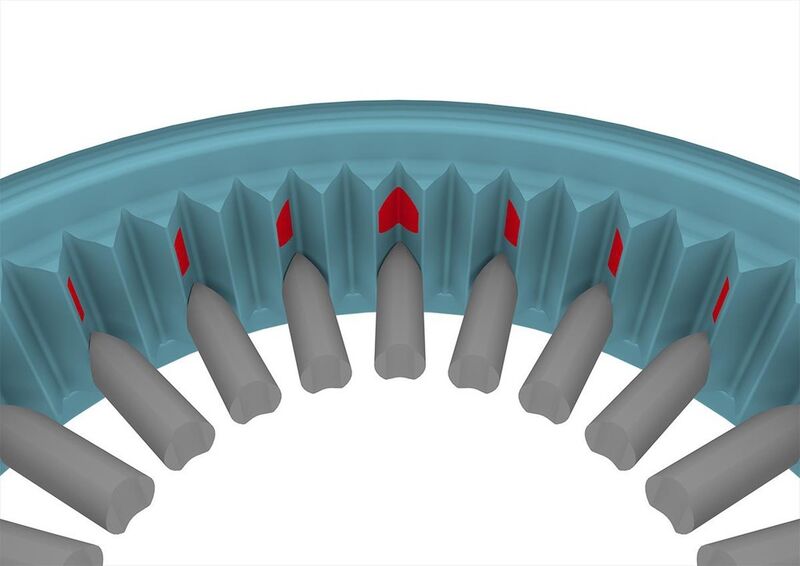 Die Galaxie-Getriebekinematik weist durch den flächigen Multizahneingriff etwa 6,5 Mal mehr tragende Zahnfläche auf als vergleichbare, schrägverzahnte Planetengetriebe. (Bild: Wittenstein)