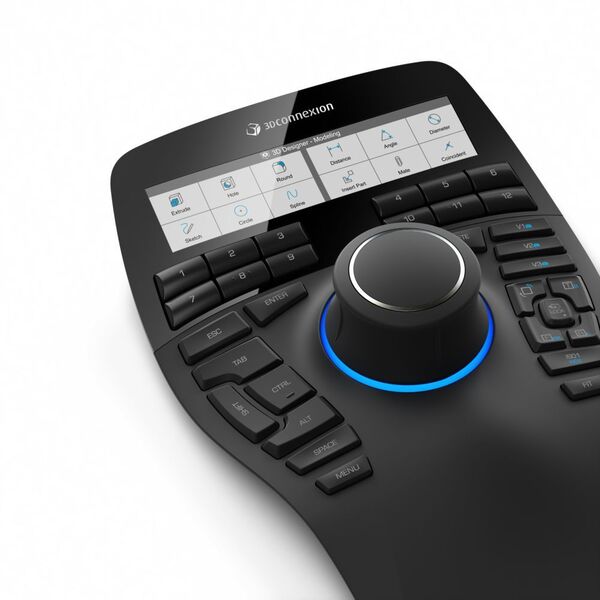 Neu sind unter anderem die frei programmierbaren Custom View-Tasten der Space-Mouse Enterprise. Anwender können damit bis zu drei individuelle Bildschirmansichten speichern und mit nur einem Tastendruck zur jeweiligen Ansicht wechseln. (Bild: 3D-Connexion)