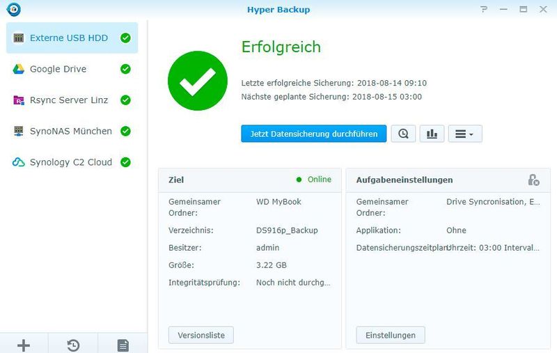 Die Übersicht gibt Auskunft über alle eingerichteten Backupjobs und deren Status. (Synology)