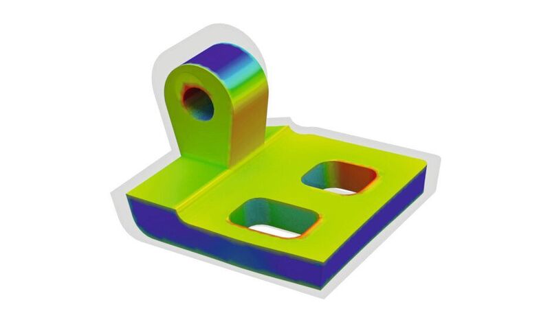 Der Schrumpfungseffekt nach dem Metal-Binder-Jetting-Sinterprozess: Die CAD-Geometrie (transparent) zeigt die Ursprungsgeometrie, die Farben zeigen die Abweichung zwischen dem simulierten Teil und seiner ursprünglichen CAD-Geometrie (blau/rot: schlecht; grün: gut). (Simufact)