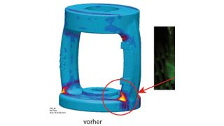 Warmrisse im Stahlgussteil entstehen durch Schwindungsbehinderung während und nach dem Erstarrungsprozess. (Magma Gießereitechnologie)