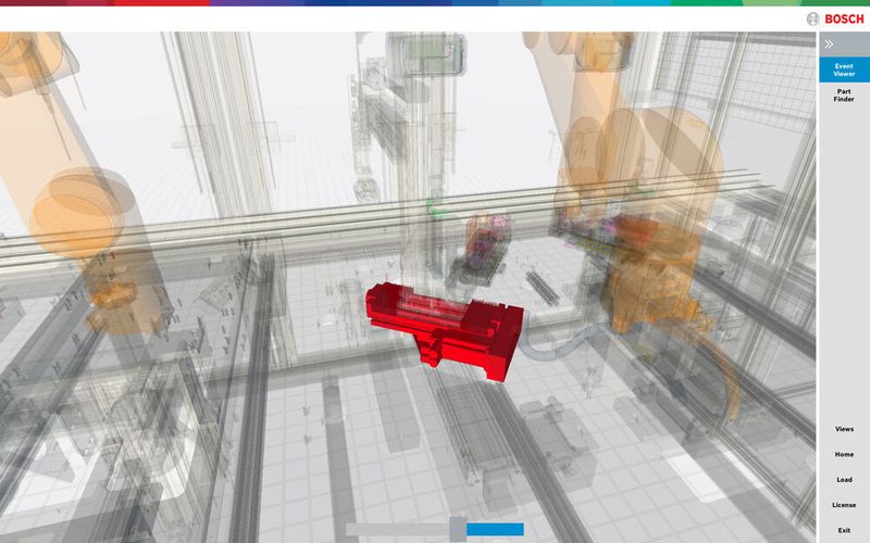 Im Unterschied zu herkömmlichen, textbasierten Alarmsystemen zeigt die Control plus HMI mit dem Assistenzsystem Virtual Assist die Fehlerquelle mittels 3D-Maschinenvisualisierung direkt an. (Bosch Connected Industry)