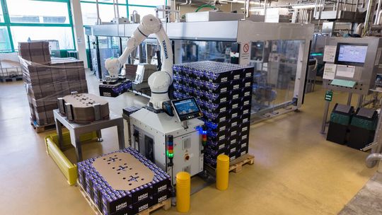Der Cobot entnimmt die Trays aus dem vorgeschalteten Packer, setzt sie auf Paletten um und fügt selbstständig Karton-Zwischenlagen ein.(Bild:  Yaskawa Europe)