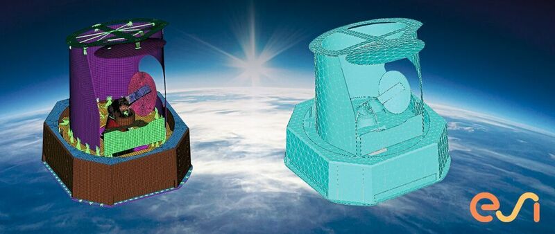 FEM und BEM vibro-akustische Simulationsmodelle einer Satellitentragkraft für Raumfahrtanwendungen mit ESI VA One. (ESI)
