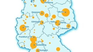 Geografische Verteilung der dedizierten Biotechnologie-Unternehmen. Die Symbolgröße nimmt entsprechend der Anzahl an Unternehmen in einer Region zu. Cluster sind kumuliert dargestellt.  (Bild: biotechnologie.de)