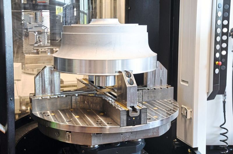 Das 4-Backen-Ausgleichsfutter «ROTA-ML flex 2+2 1000 M2» wird auf einer «DMU 100 FDS duoBLOCK» beim Drehen, Fräsen und Schleifen eingesetzt. Zu sehen ist ein Impeller für den Energiebereich vor ... (Bild: Schunk Intec AG)