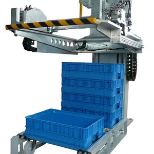 Materiallogistik über KLT-Boxen und Rahmenwagen. Automatisches Umsetzen der vollen beziehungsweise leeren Boxen.