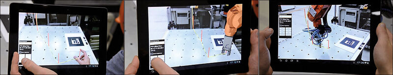Bild 4: Gestenbasierte Definition einzelner Posen (links), Simulation des Roboterprogramms (mitte) und Ausführen des automatisch erstellten Programms durch den realen Roboter (rechts). (Bild: IWF)
