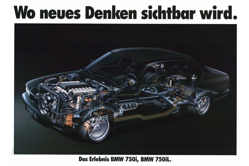Auch technische Meisterleistung darf beworben werden: Werbung für den BMW 750i aus dem Jahr 1987. (BMW)