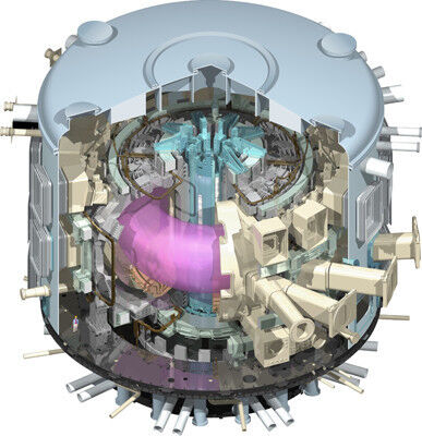 The ITER Tokamak will be nearly 30 metres tall, and weigh 23,000 tons. The very small man dressed in blue (bottom right) gives us some idea of the machine's scale. The ITER Tokamak is made up of an estimated one million parts. (Bildquelle: ITER Organization)