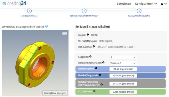Blitzschnell wird das Kalkulationsergebnis mitsamt Vorschaumodell in Costing24 angezeigt.(Bild:  Simus Systems)
