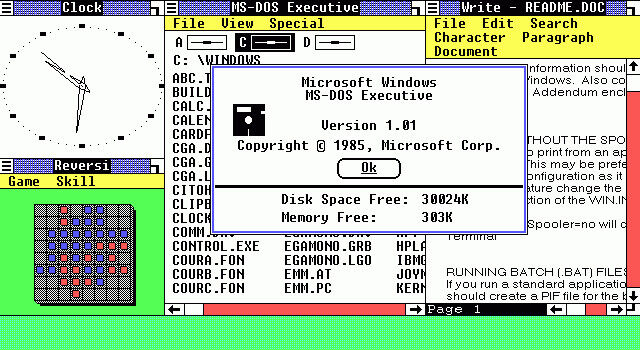 Startbildschirm von Windows 1.01, englische Fassung: Die Fenster konnten noch nicht überlappend angeordnet werden, Multitasking war ebenfalls noch nicht möglich. (Bild: Screenshot/Microsoft)