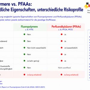 Unterschiedliche PFAS, unterschiedliche Eigenschaften: Der Vergleich von Fluorpolymeren und Perfluoralkylsäuren verdeutlicht, warum eine unterschiedliche Behandlung dieser Untergruppen sinnvoll ist.(Bild:  SPECTARIS / Scientific Report on Fluoropolymers End-of-Life 2026)