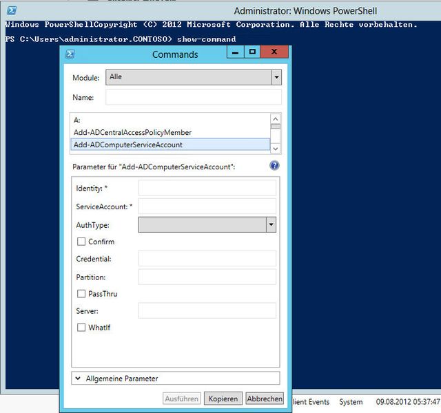 Die PowerShell 3.0 kann ausführliche Hilfen für CMDlets anzeigen. Dazu müssen Sie in der PowerShell show-command eingeben. Das funktioniert aber nur wenn die PowerShell ISE installiert ist. Das ist in Windows 8 standardmäßig der Fall in Windows Server 2012 müssen Sie die ISE über den Server-Manager als Feature erst nachinstallieren. (Archiv: Vogel Business Media)