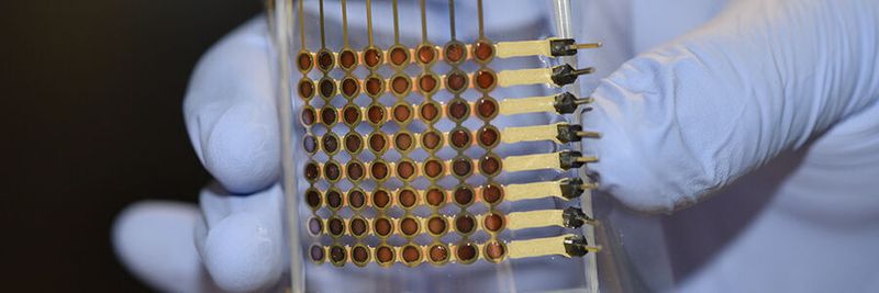 Der Display-Prototyp ist auf jeder Seite 3,81 Zentimeter lang und kann flexibel gebogen werden.(Bild:  McAlpine Group, University of Minnesota)