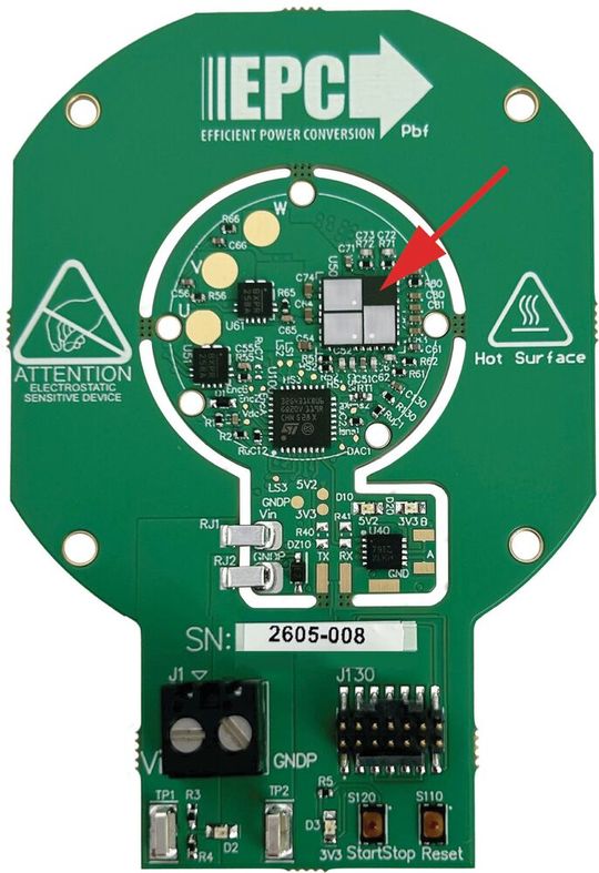 Figure 1: Overview of EPC91132 board – three-phase inverter for drones and humanoid motor joints. The red arrow indicates the EPC33110 module(Source:  EPC)