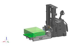 Roemhelds „Push-Pull“-Plattform wird an einen Elektro-Gehhubwagen oder Stapler montiert und fährt dann Werkzeuge bis 1,6 Tonnen selbsttätig in die Presse ein und wieder aus ihr heraus. Weitere Modelle für schwerere Werkzeuge sind schon in Planung. (Bild: Roemheld)