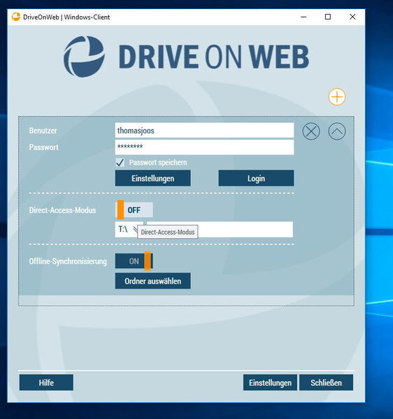 Mit dem Direct-Access-Zugriff kann festgelegt werden, dass der DriveOnWeb-Speicher als Laufwerk im Explorer angebunden werden kann. (Thomas Joos / DriveOnWeb)