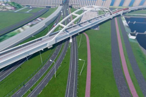 Das 3D-Modell der Thomassentunnelbrückeam finalen Standort. (HollandiaInfra)