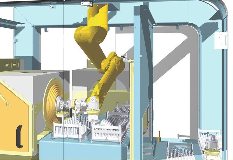 Automationslösung für das Strahlen von Werkstücken auf der Basis der Robax-Zelle von Handling Tech Automations-Systeme GmbH. (Bild: Handling Tech)