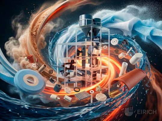 Eirichs Messestand bei der diesjährigen Ceramitec macht erlebbar, wie der Prozess der Keramikherstellung von und mit den Elementen lebt und sie verbindet; dieses Bild wurde mithilfe von KI erstellt.(Bild:  Eirich)