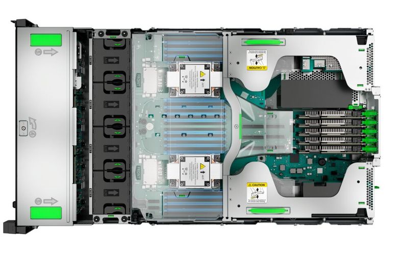 In dem 3U-Gehäuse des Fsas Primergy sitzen bis zu vier Xeon-6700P-Prozessoren mit jeweils bis zu 86 Cores verteilt auf zwei Etagen. Jeder der CPUs stehen 16 DIMM-Slots für DDR5-ECC-Speicher zur Verfügung. (Bild: Fsas Technologies)