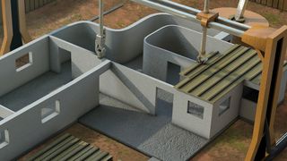 Der Häuserdrucker in der Animation. (Foto: Contour Crafting, 2014. Alle Rechte vorbehalten.)