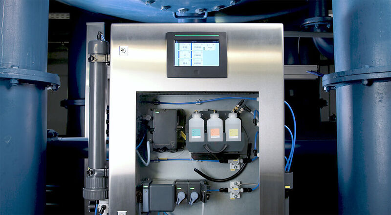 Compact, fully automated control cabinet solution for continuous photometric iron analysis and other water parameters using sensor cubes.  (Bürkert Fluid Control Systems)