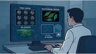 Abb. 1: Hochauflösende Mikroskope erzeugen heute in kurzer Zeit riesige Datenmengen: Zeitraffersequenzen, Mehrkanalaufnahmen, 3D-Stacks. Ein neuer Ansatz zeigt, dass bereits zwei gezielt ausgewählte Mikroskopiebilder ausreichen können, um die digitale Bildanalyse mittels vortrainierter KI-Modelle deutlich zu verbessern. (Symbolbild) (Bild: GPT Image Editor / KI-generiert)