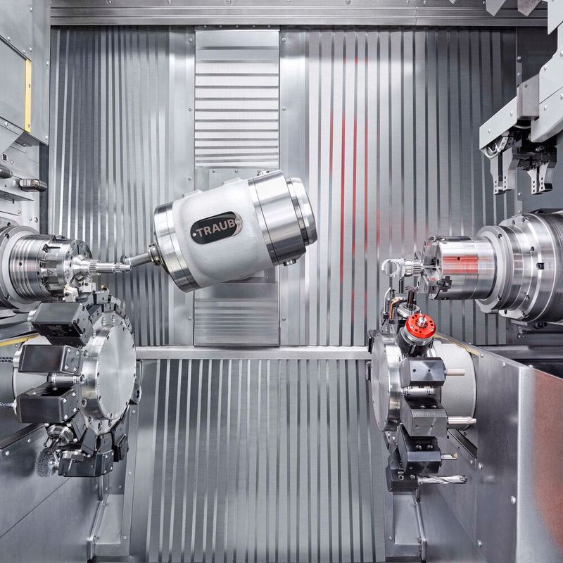 Working area of the Traub TNX220 turn-mill centre, showing the three Y-axis tool carriers.