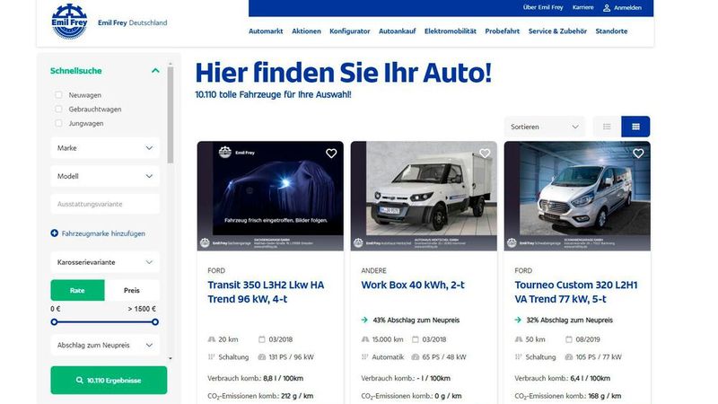 Im Zentrum der Präsentation stand aber das digitale Autohaus der Gruppe. (Bild: Screenshot www.fahrzeuge.emilfrey.de)
