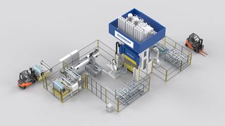 Prinzip einer Dieffenbacher-SMC-Verarbeitungsanlage (Sheet Molding Compound) für die vollautomatische Fertigung großflächiger Compositebauteile. Dazu gehören etwa Lkw-Stoßfänger oder Pkw-Heckklappen. Sie punkte durch kurze Zykluszeiten und reduziere den Ausschuss. (Dieffenbacher)