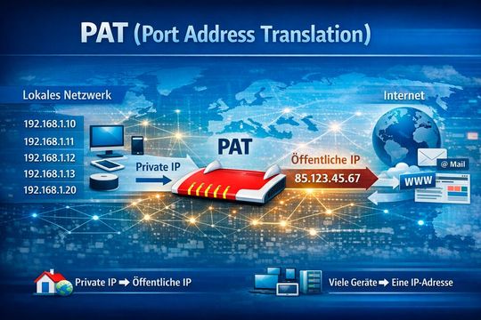 Mit PAT lassen sich viele privat adressierte Endgeräte über eine einzige öffentliche IPv4-Adresse mit dem Internet verbinden.(Bild:  ChatGPT / KI-generiert)