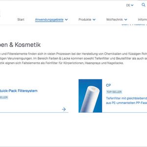 Im Anwendungsbereich „Chemie, Farben & Kosmetik“ verbindet die neue Website typische Prozessanforderungen mit passenden Filterlösungen für unterschiedliche flüssige Medien und Anwendungen.(Bild:  Wolftechnik Filtersysteme)