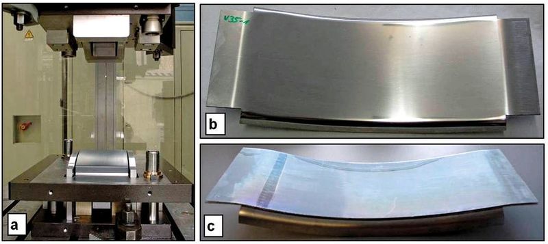 a) Umformwerkzeug, b) Parabolspiegel mit abgekantetem Deck- (Dicke 0,5 mm) und Trägerblech (Dicke 1,3 mm) aus Aluminium, c) Parabolspiegel mit getrennten Funktionsschichten aus Spiegelschicht, Zwischenschicht aus einem Abstandstextil und Trägerblech mit Flansch. Bild: IFU (Archiv: Vogel Business Media)