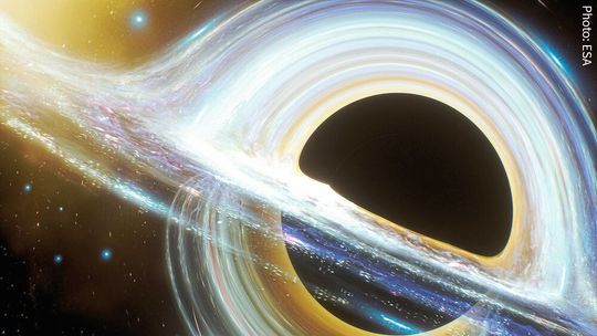 Computersimulation von der ausgehenden Strahlung durch das alles verschlingende Gravitationsfeld eines Schwarzen Lochs. Computersimulation von der ausgehenden Strahlung durch das alles verschlingende Gravitationsfeld eines Schwarzen Lochs.