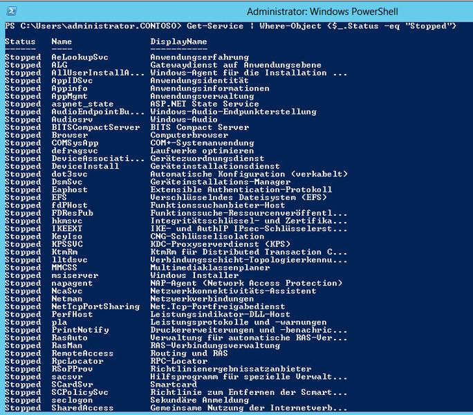 Mit der verbesserten Where-Abfrage lassen sich Informationen auch filtern. Sollen zum Beispiel alle gestoppten Systemdienste in der PowerShell angezeigt werden, geben Administratoren den Befehl Get-Service | Where-Object {$_.Status -eq 