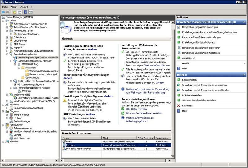 Abbildung 8: Der RemoteApp-Manager verwaltet die Programme, die bei den Anwendern virtuell laufen sollen. Eine Active Directory-Richtlinie verwaltet den Zugriff auf den Server incl. aller Resourcen. Die Abbildung zeigt einen Testserver, auf dem auch ein Domänencontroller und virtuelle Maschinen laufen. Theoretisch können auf einem Domänencontroller auch normale Anwendungen virtualisiert laufen, doch es besteht die Gefahr einer Instabilität durch die Programme. (Archiv: Vogel Business Media)