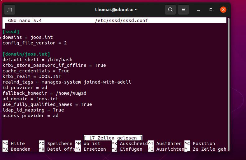 Konfigurieren der Steuerdatei des dem System Security Services Daemon (SSSD). (Bild: Canonical / Joos)